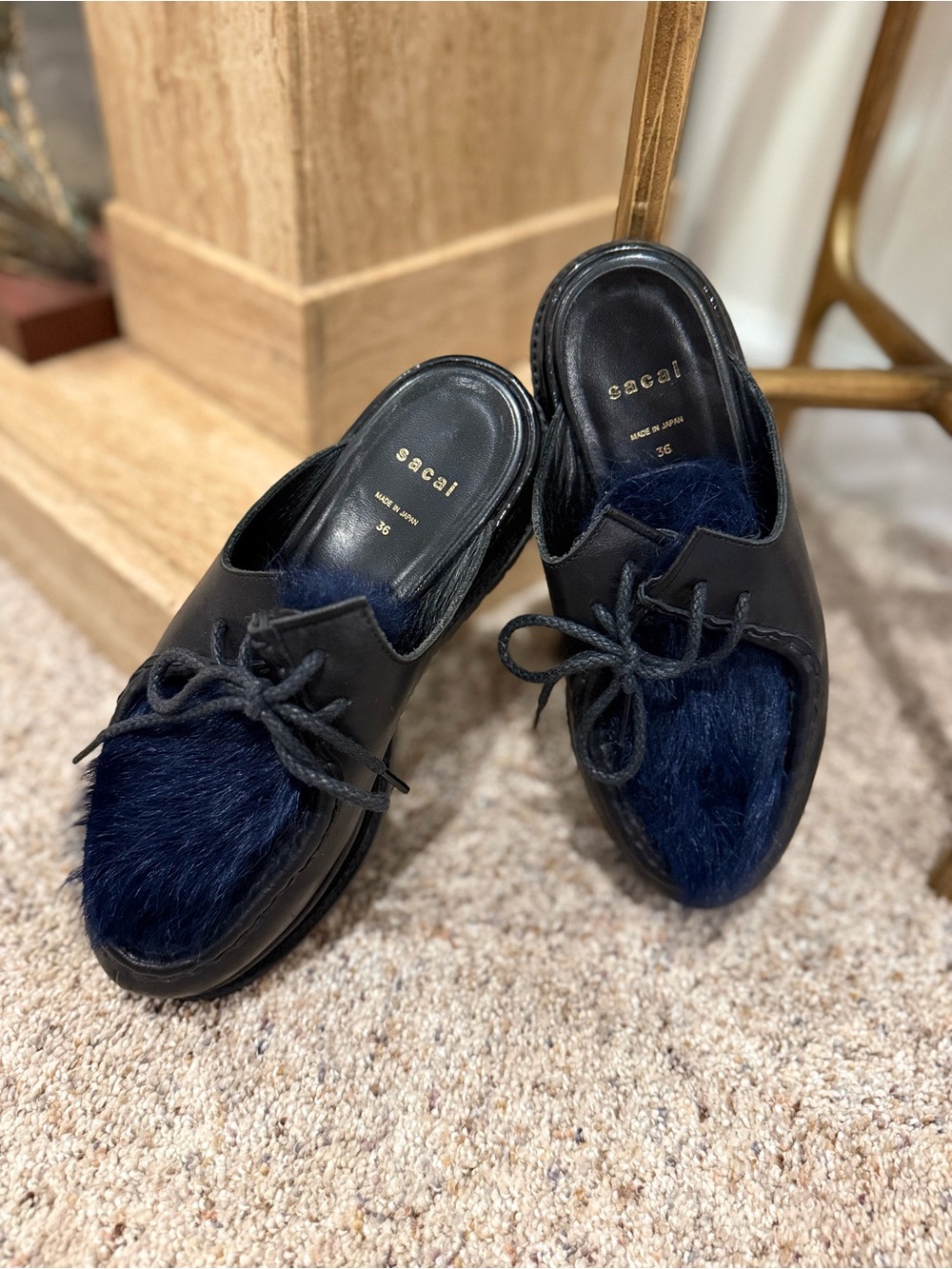 sacai Black Leather Mule with Navy Fur Vamp and Lace Detail